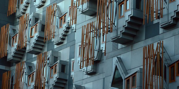Exterior of the Scottish Parliament Building in Holyrood, Edinburgh.